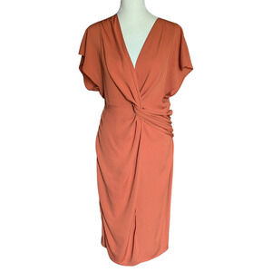 ASOS Dress Womens Sz 6 Orange V Neck Knotted Faux Wrap Midi Batwing Sleeve Glam
